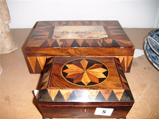 Two Tunbridge Ware specimen wood boxes with Vandyke boarders